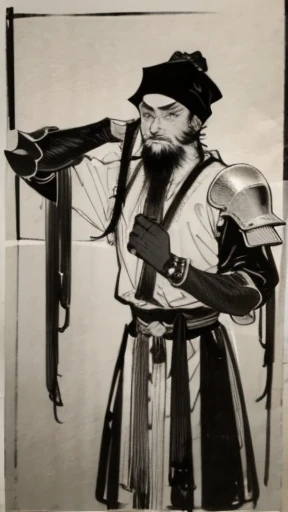 (((Three Kingdoms Monochrome)))、(((Tying up hair、Wearing a black swimming cap、Bearded young man in armour)))、（（Ancient Chinese man in armor））、（Ink Painting）、Highest quality、masterpiece、Ultra-high resolution、(Realistic:1.4)、Game Poster、The Three Bearded Men of the Kingdom,Oriental、As seen in the Romance of the Three Kingdoms々military commander、Crisp and beautiful image quality ,(Skin of color)、 gloves, Long trousers, (Very detailed, bloom:1.5), (Highest quality, Concept Art, 4K), (analog:1.2), (high sharpness), (Detailed pupil:1.1),,Detailed face and eyes, masterpiece, Highest quality, (Very detailed:1.1), 8k, photoRealistic, (PurerosFace_v1:0.2), [:(Detailed face:1.2):0.2], sharp,Realistic Shadow, 