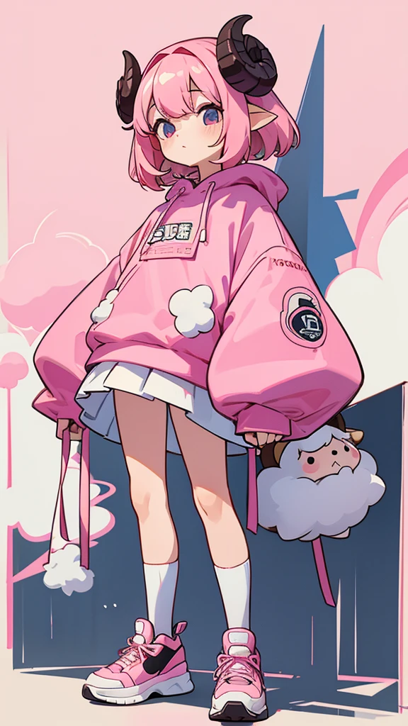 Pink sheep themed characters, Wearing big sneakers, サイバーパンク, Ram&#39;s horn, Keep the background simple, Magazine cover design, Pale pink hair, cloud hair, light smile, closed eyes, pink hair, whole body, Magazine Cover, Magazine Design, projected inset, UHD, highres, best quality, 8k