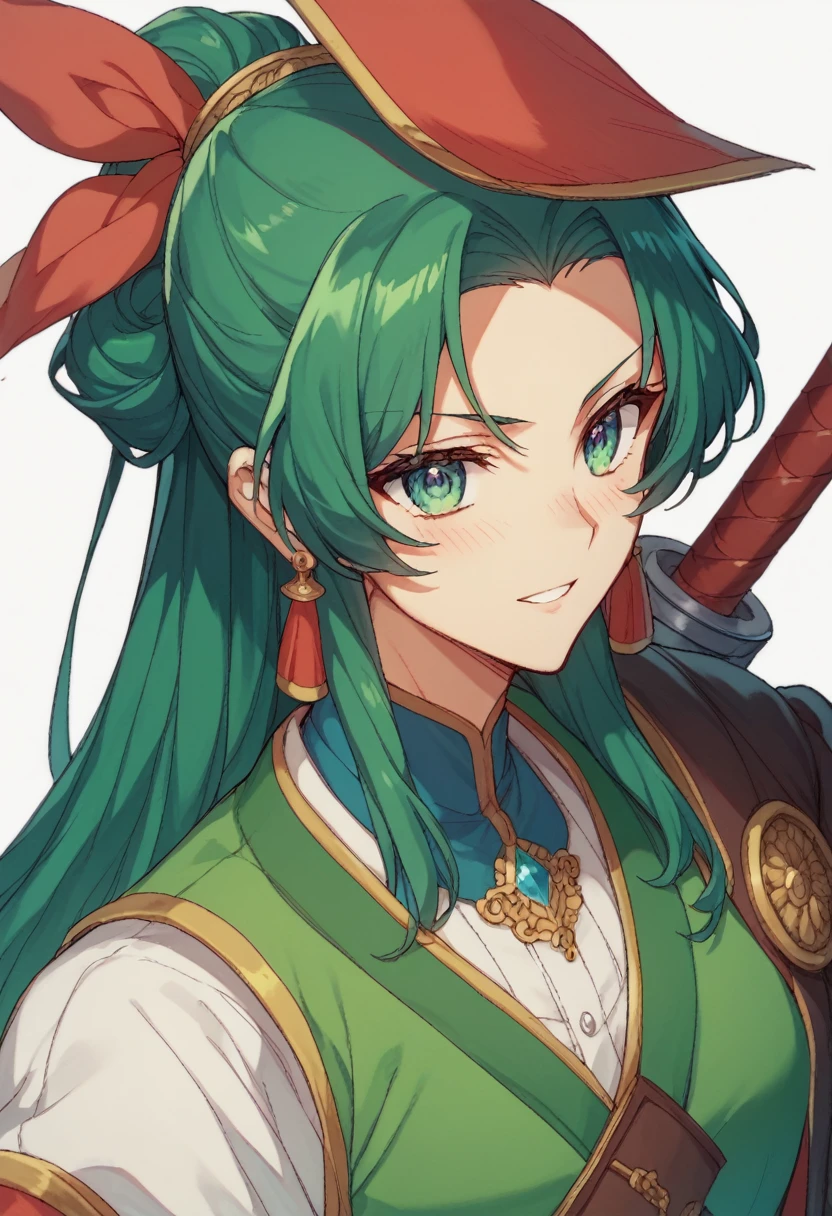 A character in the art style of the anime called "the apothecary diaries". She is a fighter, but wears traditional blue/green clothes, but her hair are deep black. (2d) (copy the anime art style)