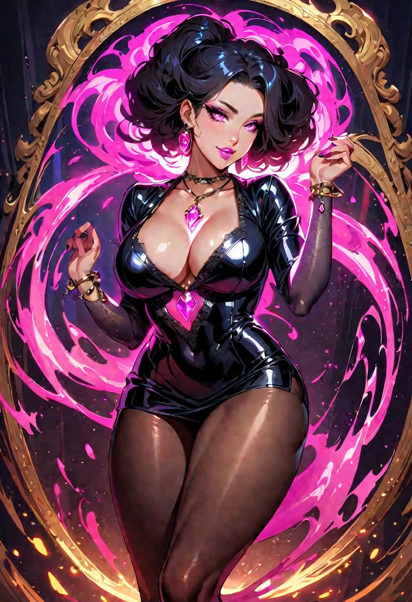 1 mature beautiful woman,(Highest quality,Extremely detailed depiction,Incredibly absurd high resolution,Anatomically accurate depiction,Curvy Legs,Detailed pupil),(Glowing Skin,Shiny skin),(Bewitching Hostess),(Bodycon,Light colored micro dress,Black Pantyhose),eyelash,(Pink Eyes,Sidelong glance,There is cleavage in the chest,A seductive smile,Glossy Lips,Flashy makeup,eye shadow,eyeliner,mascara,Seductive gestures,forward leaning posture),Luxury accessories,Earrings,necklace,Bracelet,whole body,background:Inside the room,