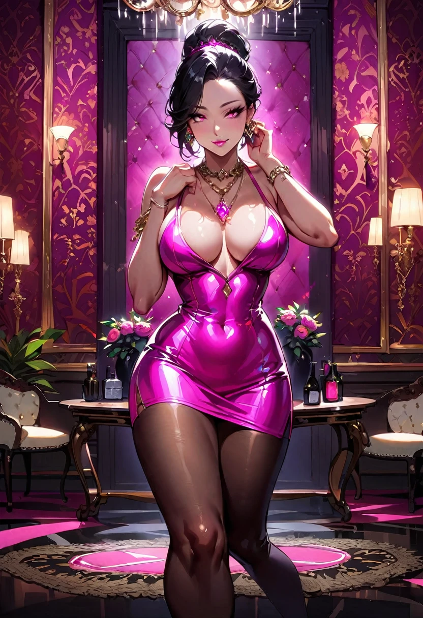 1 mature beautiful woman,(Highest quality,Extremely detailed depiction,Incredibly absurd high resolution,Anatomically accurate depiction,Curvy Legs,Detailed pupil),(Glowing Skin,Shiny skin),(Bewitching Hostess),(Bodycon,Light colored micro dress,Black Pantyhose),eyelash,(Pink Eyes,Sidelong glance,There is cleavage in the chest,A seductive smile,Glossy Lips,Flashy makeup,eye shadow,eyeliner,mascara,Seductive gestures,forward leaning posture),Luxury accessories,Earrings,necklace,Bracelet,whole body,background:Inside the room,