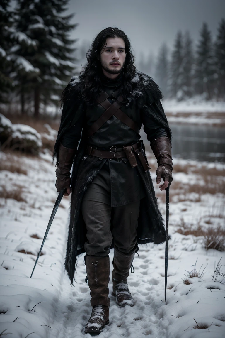 (Highest quality, Ultra HD, 16k, Masterpiece) A photo of Jon Snow from Game of Thrones walking on a snowy mountain, with impressive facial details and a full-body shot. The scene is set in a harsh, wintry environment, with snow-covered peaks and a biting wind that sweeps across the landscape. Jon Snow is dressed in his iconic Night's Watch attire, a black fur-lined cloak, thick leather armor, and sturdy boots, providing protection against the freezing temperatures. Jon Snow's expression is one of determination and resolve, his eyes focused on the path ahead. His hair is tousled by the wind, and his face is marked by the cold, with a natural and concentrated look. The atmosphere is mystical and foreboding, with dark clouds overhead and a soft fog that adds an eerie and mysterious quality to the scene. The lighting is dramatic, with sharp contrasts between light and shadow. The reflected light from the snow illuminates Jon Snow's face and armor, highlighting the intricate details of his costume and the rugged terrain. The snowflakes falling around him add a sense of movement and depth, creating a dynamic and immersive environment. The overall scene captures the essence of Jon Snow's journey and the harsh, unforgiving world he inhabits. This composition portrays a world where survival is a constant battle, with Jon Snow standing as a symbol of courage and resilience. The photo is in HDR, hyperrealistic baroque style, extremely realistic, and photorealistic, capturing a moment of solitude and determination in the vast, snowy wilderness.