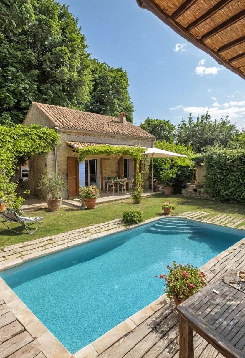 maison arafée avec piscine et patio avec un patio et une salle à manger, chef d'oeuvre bien conçu, vif et détaillé, lignes douces et nettes, néo-classique, néo-classique, Conception résidentielle, design extérieur, rendre à la perfection résolue, ligne épurée, maison riche, vif et équilibré, crisp smooth ligne épurées, avec une pelouse luxuriante, chef-d'œuvre majestueux, best quality, highres, super detail, UHD, 4K