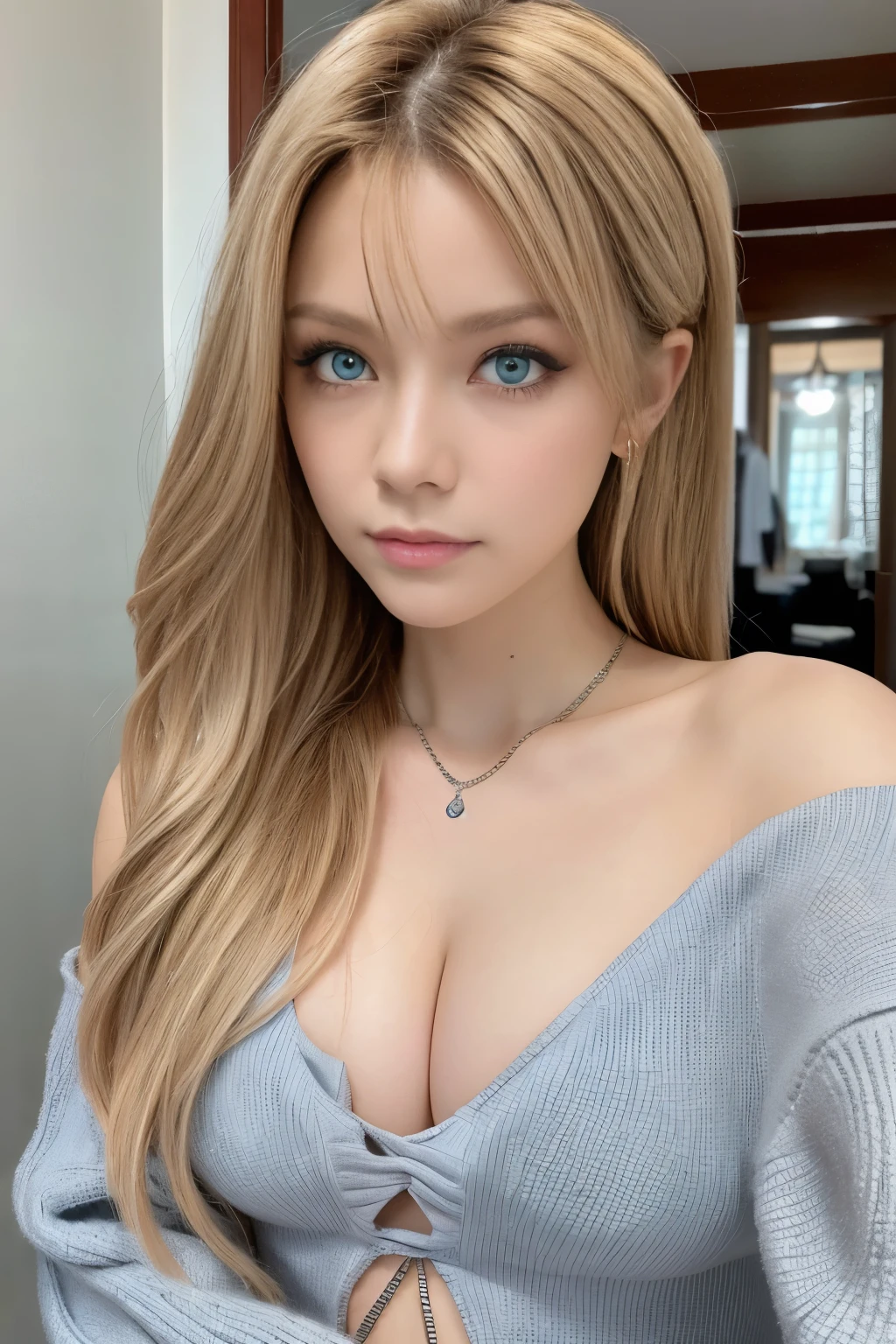 Female, 22 years old, (Fade High Top: 1.3), long hair, blue eyes, dark theme, soothing tones, muted colors, high contrast, (tiny chest:1.5), (cleavage), off-shoulder see-through silver dress, upper body, (natural skin texture, hyperrealism, soft light, sharp), (blonde)