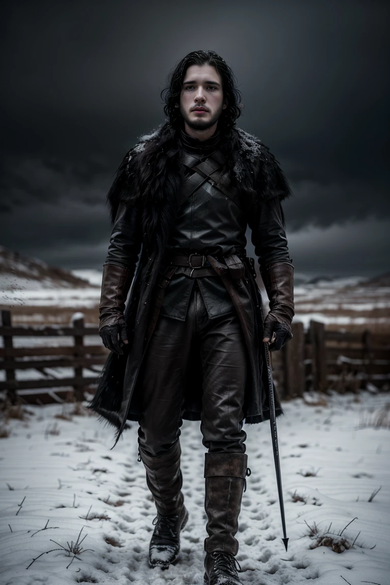 (Highest quality, Ultra HD, 16k, Masterpiece) A photo of Jon Snow from Game of Thrones walking on a snowy mountain, with impressive facial details and a full-body shot. The scene is set in a harsh, wintry environment, with snow-covered peaks and a biting wind that sweeps across the landscape. Jon Snow is dressed in his iconic Night's Watch attire, a black fur-lined cloak, thick leather armor, and sturdy boots, providing protection against the freezing temperatures. Jon Snow's expression is one of determination and resolve, his eyes focused on the path ahead. His hair is tousled by the wind, and his face is marked by the cold, with a natural and concentrated look. The atmosphere is mystical and foreboding, with dark clouds overhead and a soft fog that adds an eerie and mysterious quality to the scene. The lighting is dramatic, with sharp contrasts between light and shadow. The reflected light from the snow illuminates Jon Snow's face and armor, highlighting the intricate details of his costume and the rugged terrain. The snowflakes falling around him add a sense of movement and depth, creating a dynamic and immersive environment. The overall scene captures the essence of Jon Snow's journey and the harsh, unforgiving world he inhabits. This composition portrays a world where survival is a constant battle, with Jon Snow standing as a symbol of courage and resilience. The photo is in HDR, hyperrealistic baroque style, extremely realistic, and photorealistic, capturing a moment of solitude and determination in the vast, snowy wilderness.