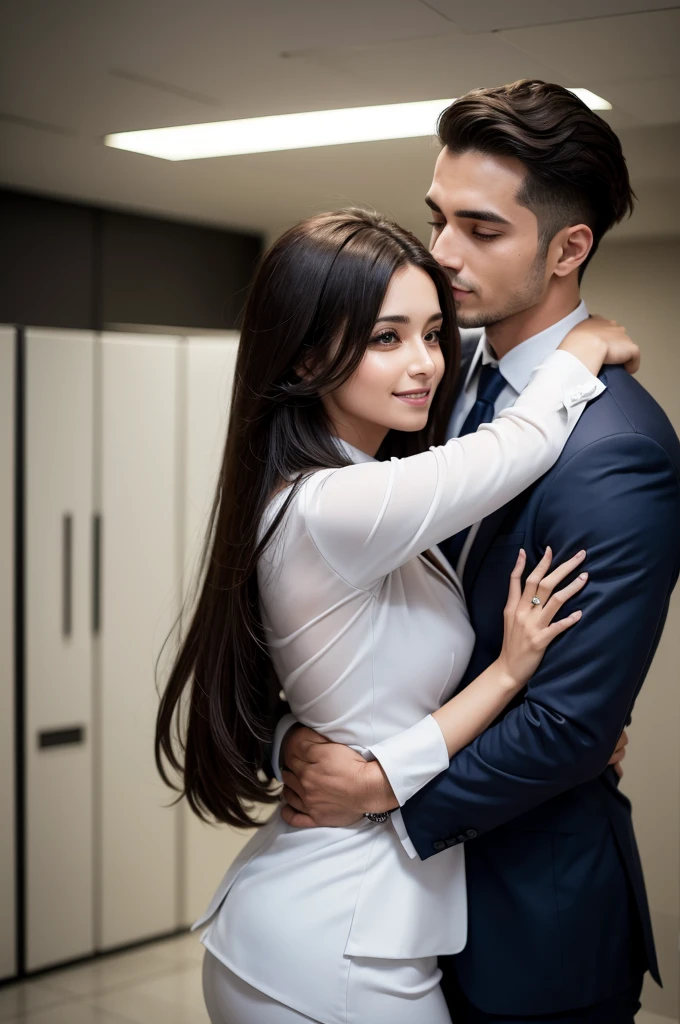 A man and a woman from Brazil hugging each other in business suits with clothes covering the entire body without cleavage