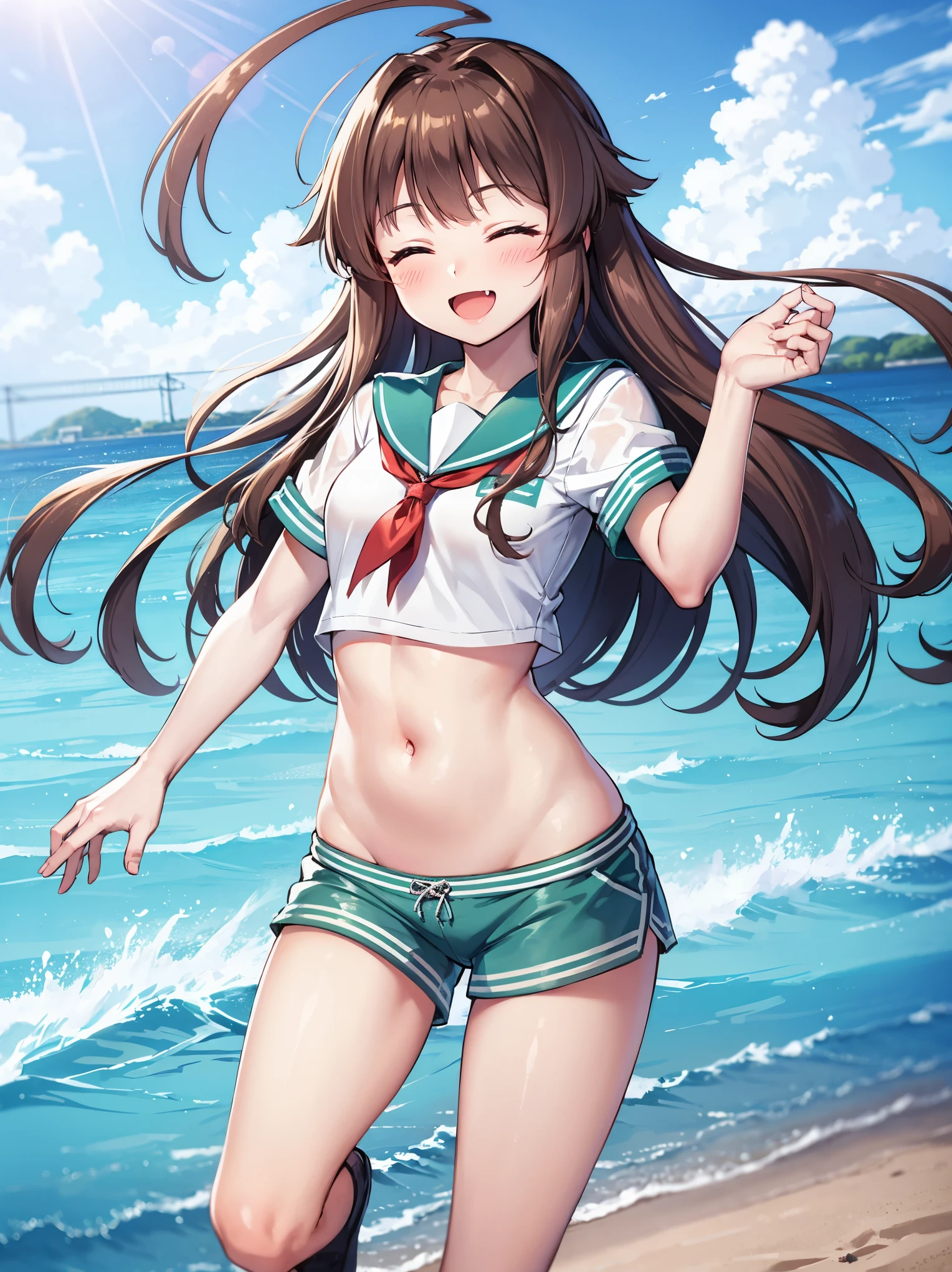 1young_teen_ girl,  brown_hair, long_hair, sailor_uniform,white_ baggy_shorts, short_sleeve, thighs, small_breasts, big_smile, open_mouth, fang, harbor_landscape_background, slightly_spread_legs, happiness, covered_crotch,ahoge,XD,exciting_posing,closed_eyes