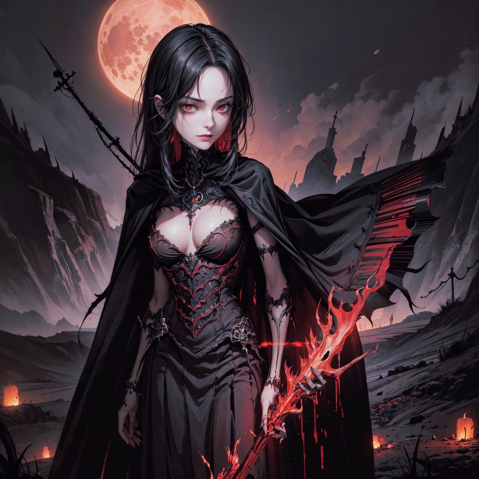 best quality, 4K, high resolution, masterpiece:1.2, Very detailed, actual:1.37, Mood lighting, Female undead half-skeleton lich in a long cape, Left face has no flesh but a skeleton skull, Right hand and arm has no flesh but skeleton bones, Wearing a ragged gothic skirt, Aloofness emotion, Dangerous sneer, Beautiful but cruel smile, Black Hair, Standing, Facing the camera, Crucified, Pitch black sky, Blood-red moon, strange atmosphere, Gothic style, Unforgettable beauty, Dramatic shadows, Ethereal Light, Mysterious atmosphere.