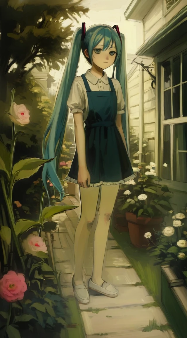 hatsune miku,best quality, aesthetic, by iwzry, by solipsist, 1girl, young girl, at garden, full body