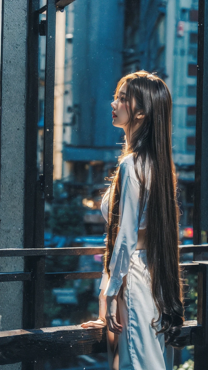 (((super detail))), (((realistic))), (((depth of field))), whole body, side view, head tilt, extreme detail, longuette, 1 woman, 20 years old, very long hair, Curly hair, high ponytail, light brown hair, beautiful and delicate hair, perfect face, Delicate arms and hands, slim legs, White skin, see-through , white and thin shirt revealing black bra, very short black pants, revealing clothes, cityscape, delicate background, blurred background, very delicate and beautiful, (((8k CG wallpaper ))), (((best quality))), (((greatest masterpiece))),