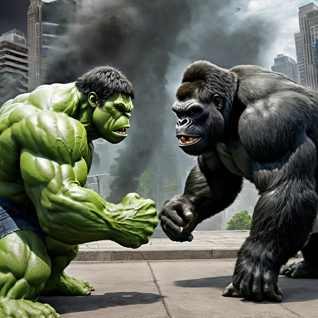 create image real Hulk vs Gorilla, realism, photorealistic, detailed visuals