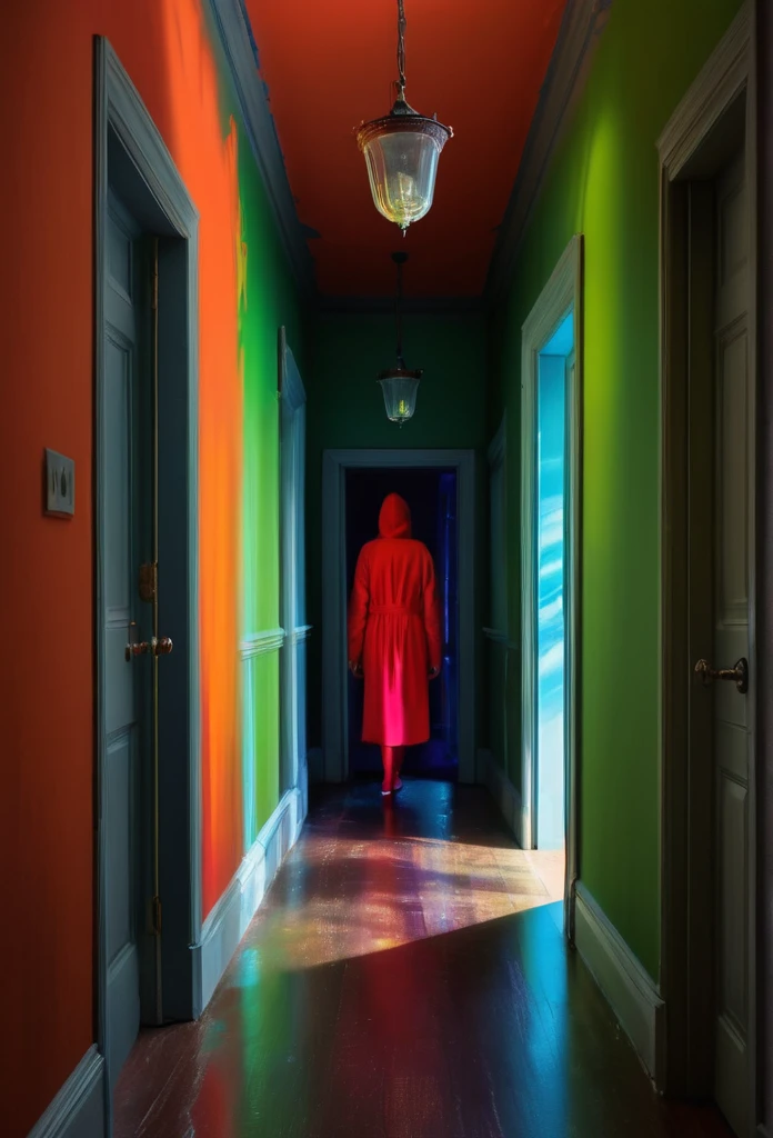 Faceless form looming in haunted hallway, Global illumination, Gorgeous splash of vibrant paint