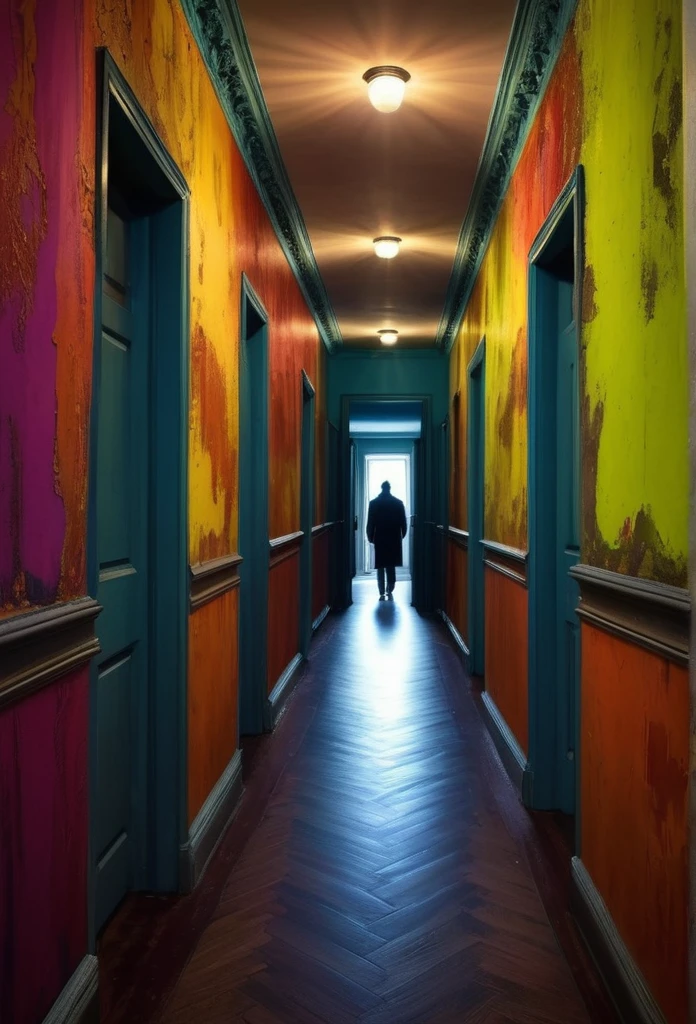Faceless form looming in haunted hallway, Global illumination, Gorgeous splash of vibrant paint