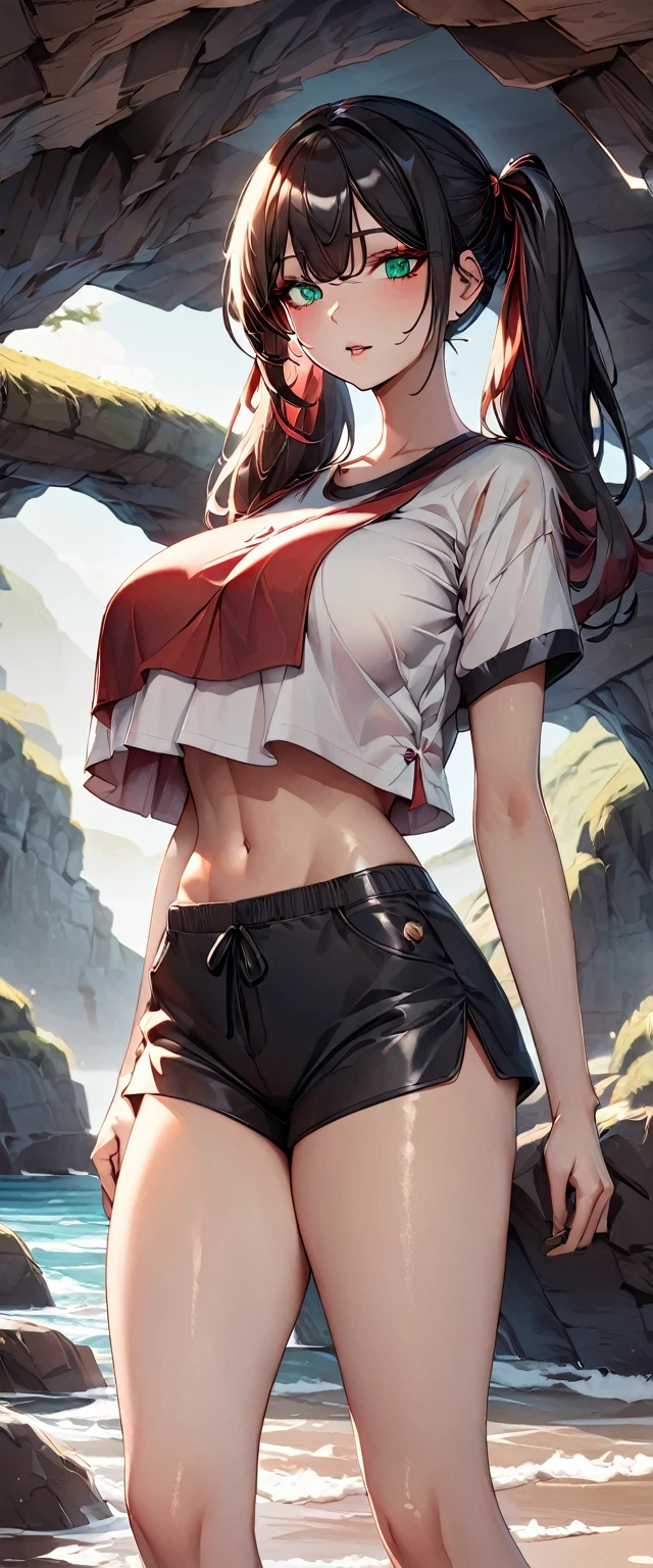 Photo of a woman with natural skin, Upper Body, Seaside cave, The light is shining in, High Twintails, Black hair with red mesh, Sharp eyes with red eyeshadow, Blue-green eyes, Shining eyes, A thin, upturned nose, Well-shaped lips, Big Breasts, ((crop top overhang, Thighs)), Makeup, Exquisitely crafted with the utmost attention to detail, Vibrant, amazing, Smooth, Cinematic, 4K, Backlight, (()), Shallow depth of field, ((Detailed eyes:1.3, Detailed lips:1.3, high quality, )), masterpiece, Super detailed images, High quality