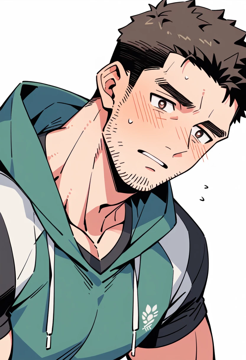 anime characters:Chris Redfield, Muscle Sports Student, Buzz Cut, Manliness, male focus, Sports tight hooded sweatshirt, Wear a black high-necked tights inside, Very tight, full and perky chest muscles, muscular male, muscular, only, Upper body, alone, Red short hair, Thick eyebrows, stubble, Brown-red pupils, White background, simple background, amazing quality, best aesthetics, Ridiculous, crew cut, parted lips, flustered, endured face, shy, blush, negative space, best quality