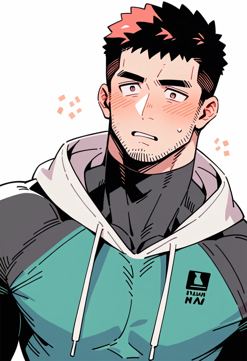 anime characters:Chris Redfield, Muscle Sports Student, Buzz Cut, Manliness, male focus, Sports tight hooded sweatshirt, Wear a black high-necked tights inside, Very tight, full and perky chest muscles, muscular male, muscular, only, Upper body, alone, Red short hair, Thick eyebrows, stubble, Brown-red pupils, White background, simple background, amazing quality, best aesthetics, Ridiculous, crew cut, parted lips, flustered, endured face, shy, blush, negative space, best quality