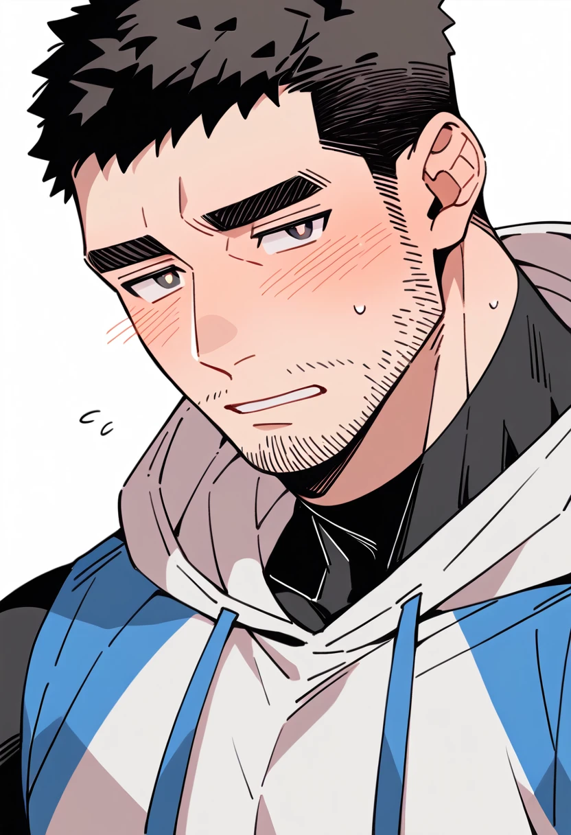 anime characters：Chris Redfield, Muscle Sports Student, Buzz Cut, Manliness, male focus, Sports tight hooded sweatshirt, Wear a black high-necked tights inside, Very tight, full and perky chest muscles, muscular male, muscular, only, Upper body, alone, Red short hair, Thick eyebrows, stubble, Brown-red pupils, White background, simple background, amazing quality, best aesthetics, Ridiculous, crew cut, parted lips, flustered, endured face, shy, blush, negative space, best quality
