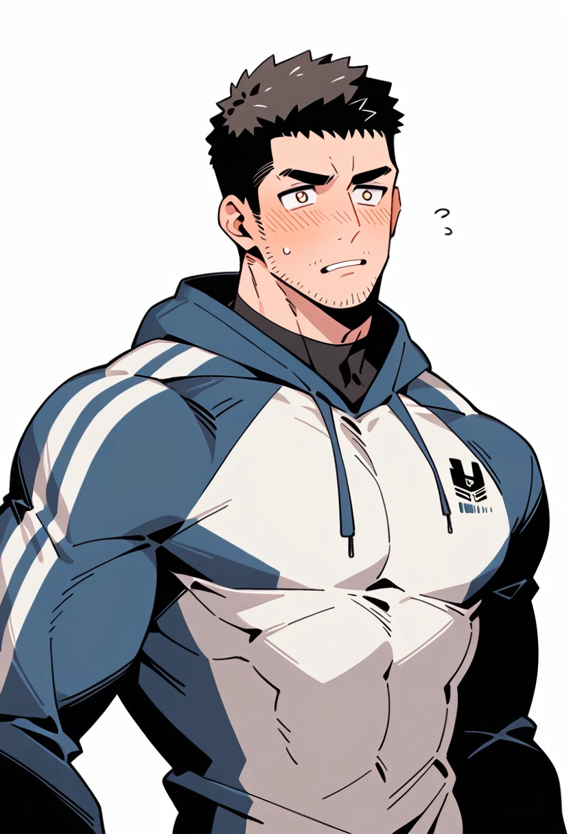 anime characters：Chris Redfield, Muscle Sports Student, Buzz Cut, Manliness, male focus, Sports tight hooded sweatshirt, Wear a black high-necked tights inside, Very tight, full and perky chest muscles, muscular male, muscular, only, Upper body, alone, Red short hair, Thick eyebrows, stubble, Brown-red pupils, White background, simple background, amazing quality, best aesthetics, Ridiculous, crew cut, parted lips, flustered, endured face, shy, blush, negative space, best quality