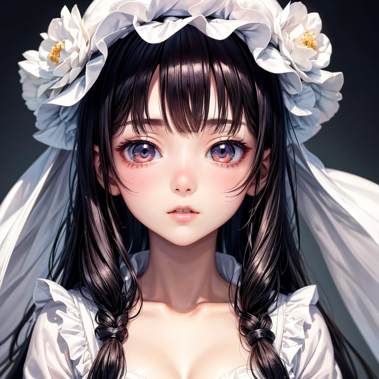 Loli anime girl in white clothes, Delicate skin, Medium breasts, black hair, Very detailed, 8K high-detail face, Perfect face shape, Perfect lips, Perfect nose, Correct beautiful eyes, Watch the audience, masterpiece, best quality, single girl, very good, alone