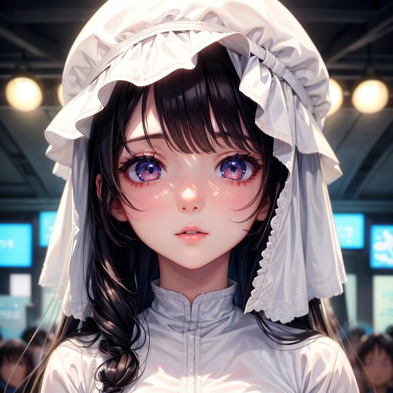 **** anime girl in white clothes, Delicate skin, Medium breasts, black hair, Very detailed, 8K high-detail face, Perfect face shape, Perfect lips, Perfect nose, Correct beautiful eyes, Watch the audience, masterpiece, best quality, single girl, very good, alone