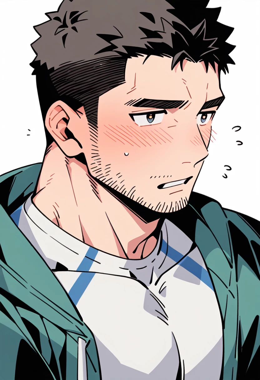 anime characters:Chris Redfield, Muscle Sports Student, Buzz Cut, Manliness, male focus, Sports tight hooded sweatshirt, Wear a black high-necked tights inside, Very tight, full and perky chest muscles, muscular male, muscular, only, Upper body, alone, Red short hair, Thick eyebrows, stubble, Brown-red pupils, White background, simple background, amazing quality, best aesthetics, Ridiculous, crew cut, parted lips, flustered, endured face, shy, blush, negative space, best quality