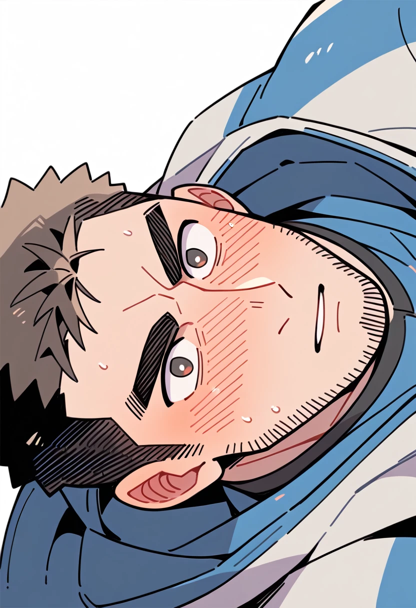 anime characters：Chris Redfield, Muscle Sports Student, Buzz Cut, Manliness, male focus, Sports tight hooded sweatshirt, Wear a black high-necked tights inside, Very tight, full and perky chest muscles, muscular male, muscular, only, Upper body, alone, Red short hair, Thick eyebrows, stubble, Brown-red pupils, White background, simple background, amazing quality, best aesthetics, Ridiculous, crew cut, parted lips, flustered, endured face, shy, blush, negative space, best quality