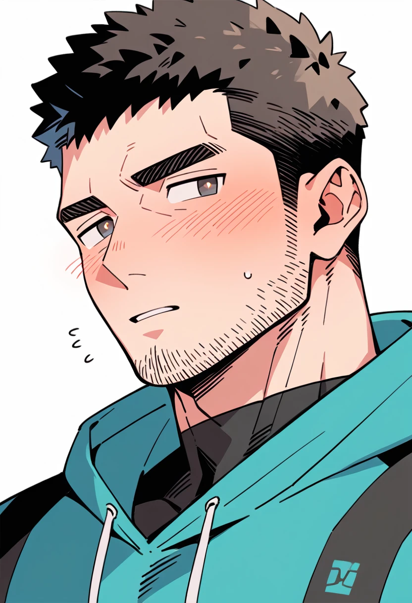 anime characters：Chris Redfield, Muscle Sports Student, Buzz Cut, Manliness, male focus, Sports tight hooded sweatshirt, Wear a black high-necked tights inside, Very tight, full and perky chest muscles, muscular male, muscular, only, Upper body, alone, Red short hair, Thick eyebrows, stubble, Brown-red pupils, White background, simple background, amazing quality, best aesthetics, Ridiculous, crew cut, parted lips, flustered, endured face, shy, blush, negative space, best quality
