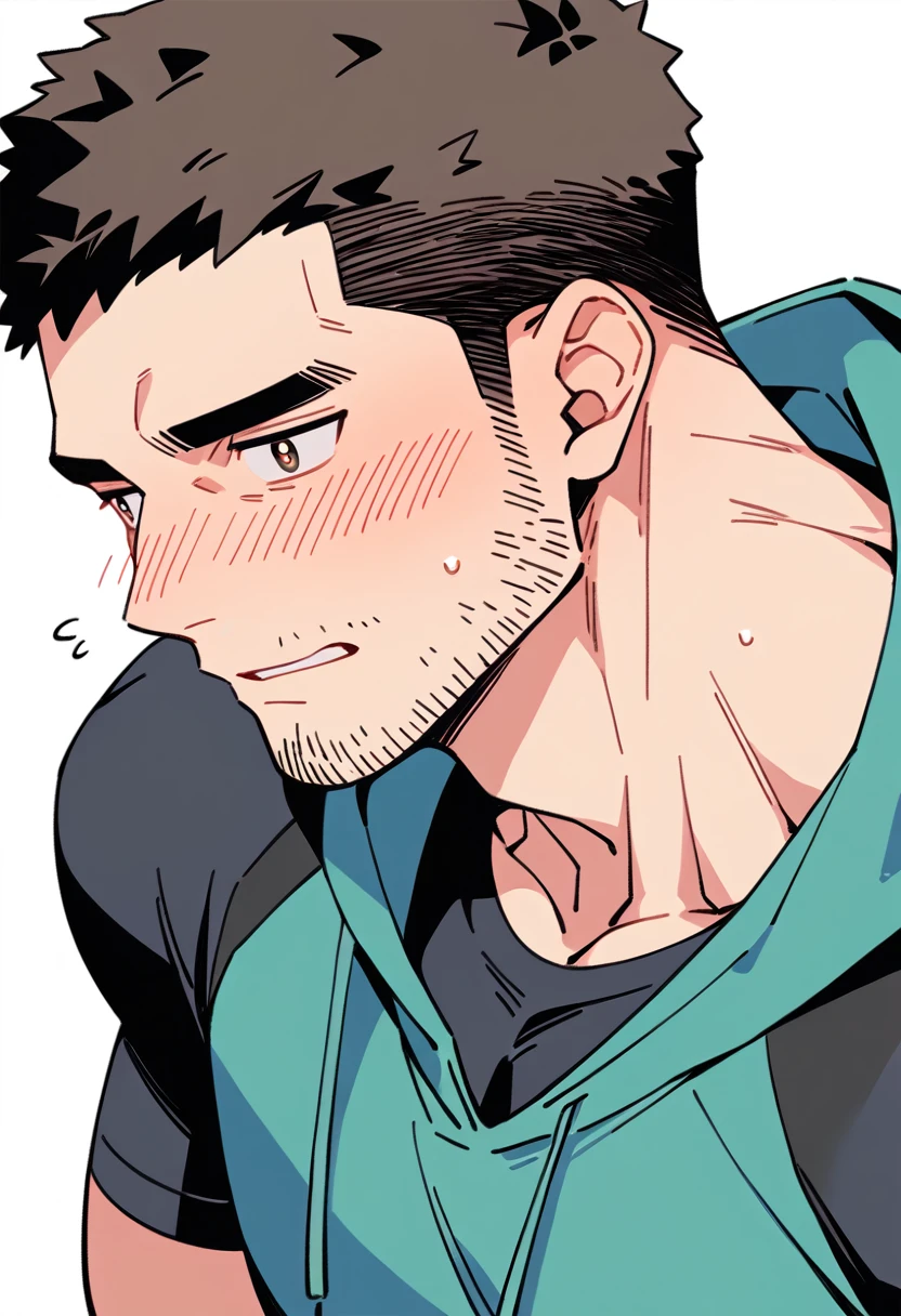 anime characters：Chris Redfield, Muscle Sports Student, Buzz Cut, Manliness, male focus, Sports tight hooded sweatshirt, Wear a black high-necked tights inside, Very tight, full and perky chest muscles, muscular male, muscular, only, Upper body, alone, Red short hair, Thick eyebrows, stubble, Brown-red pupils, White background, simple background, amazing quality, best aesthetics, Ridiculous, crew cut, parted lips, flustered, endured face, shy, blush, negative space, best quality