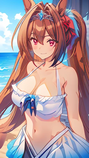 (((masterpiece, Highest quality, High resolution, 超High resolution, Pixel Perfect, Written boundary depth, 4K, RTTX 10.0, High resolution))), One Girl, smile, Very large breasts, Brown Hair, Long Hair, Twin tails, (Red eyes:1), clavicle, belly button, Black Bikini, Swimwear, Beach,(sexy), Beach, Ocean, blue sky, Show Viewer, {{Very delicate and beautiful}}, Highly detailed CG Unity 8K wallpapers, (Shiny Hair:1.2), (Glowing Skin:1.5),
