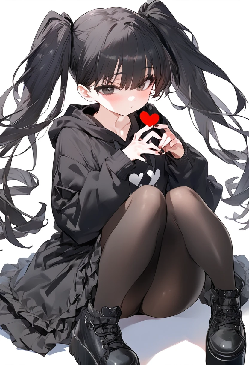 One girl、Black Hair、Twin tails、black eye、Eyes without highlights、Plain black oversized hoodie、Showing bare feet、Black tights、Black ta Sneakers、Platform sneakers、Sitting、Making a heart with hands、White background