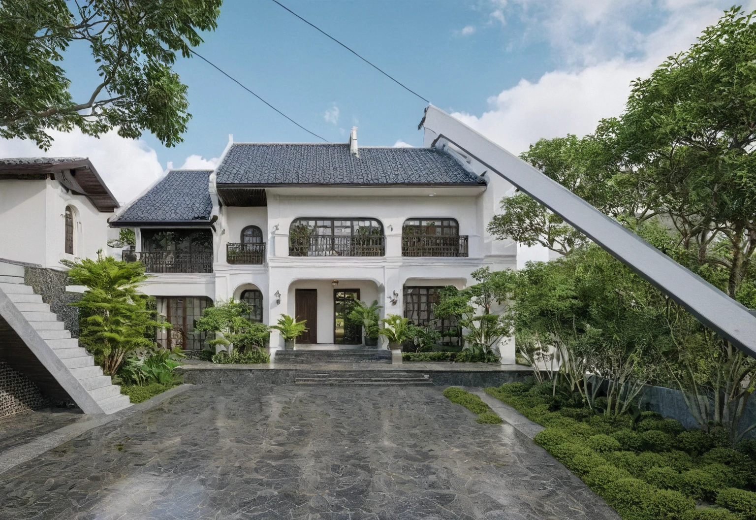 Raw photo,Masterpiece, high quality, best quality, authentic, super detail,
exterior, outdoors, house style indochine on the street ,aiaigroup
road,pavement, grass, trees, sky, cloud, (day:1.1)