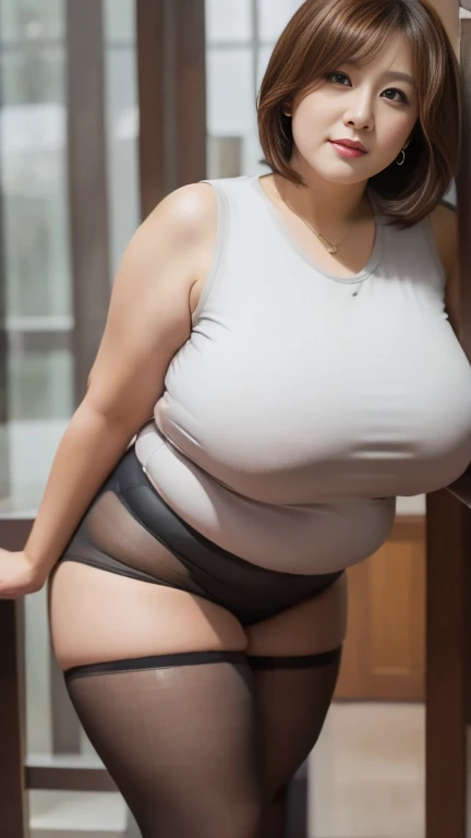 (8K, best quality, masterpiece, Golden Ratio Composition,:1.3, Panoramic view, Full body picture), (40 years old plump Japanese woman in hotel), (90 kg obese body),  (Wearing a turtleneck :1.2), (Legs close-up), (Black tights),  (Snow-white long legs),  (Huge breasts), (No upper body exposed),  (Cropped pants), (穿着Black tights), Soft face line, Gentle and beautiful, (Silver short hair),