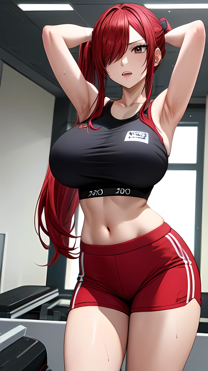 front view detailed body, long belly , slender body, tight body , thicc, large breast, breast, long thighs, masterpiece, long hair, very long hair, bangs, red hair,side ponytails, lucy heartfilia, red hair, Hair covers one eye, erzascarlet, cowboy shot, front shot, looking at viewer, shirt, short shirt, short shorts, underbolb, yoga pants,armpit, wet clothes, gym, indoors, heavy breath, squat, Stretching, 20yo,Young female,Beautiful Finger,Beautiful long legs,Beautiful body,Beautiful Nose,Beautiful character design, perfect eyes, perfect face,expressive eyes, looking at viewer,(Full_body),(Focus on her face), official art,extremely detailed CG unity 8k wallpaper, perfect lighting,Colorful, Bright_Front_face_Lighting,shiny skin, (masterpiece:1.0),(best_quality:1.0), ultra high res,4K,ultra-detailed, photography, 8K, HDR, highres, absurdres:1.2, Kodak portra 400, film grain, blurry background, bokeh:1.2, lens flare, (vibrant_color:1.2) (Beautiful,large_Breasts:1.4), (beautiful_face:1.5),(narrow_waist), facing the viewer