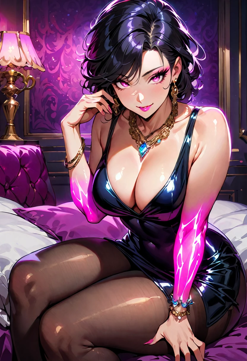 1 mature beautiful woman,(Highest quality,Extremely detailed depiction,Incredibly absurd high resolution,Anatomically accurate depiction,Curvy Legs,Detailed pupil),(Glowing Skin,Shiny skin),(Bewitching Hostess),(Bodycon,Light colored micro dress,Black Pantyhose),eyelash,(Pink Eyes,Sidelong glance,There is cleavage in the chest,A seductive smile,Glossy Lips,Flashy makeup,eye shadow,eyeliner,mascara,Seductive gestures,forward leaning posture),Luxury accessories,Earrings,necklace,Bracelet,whole body,background:Inside the room,
