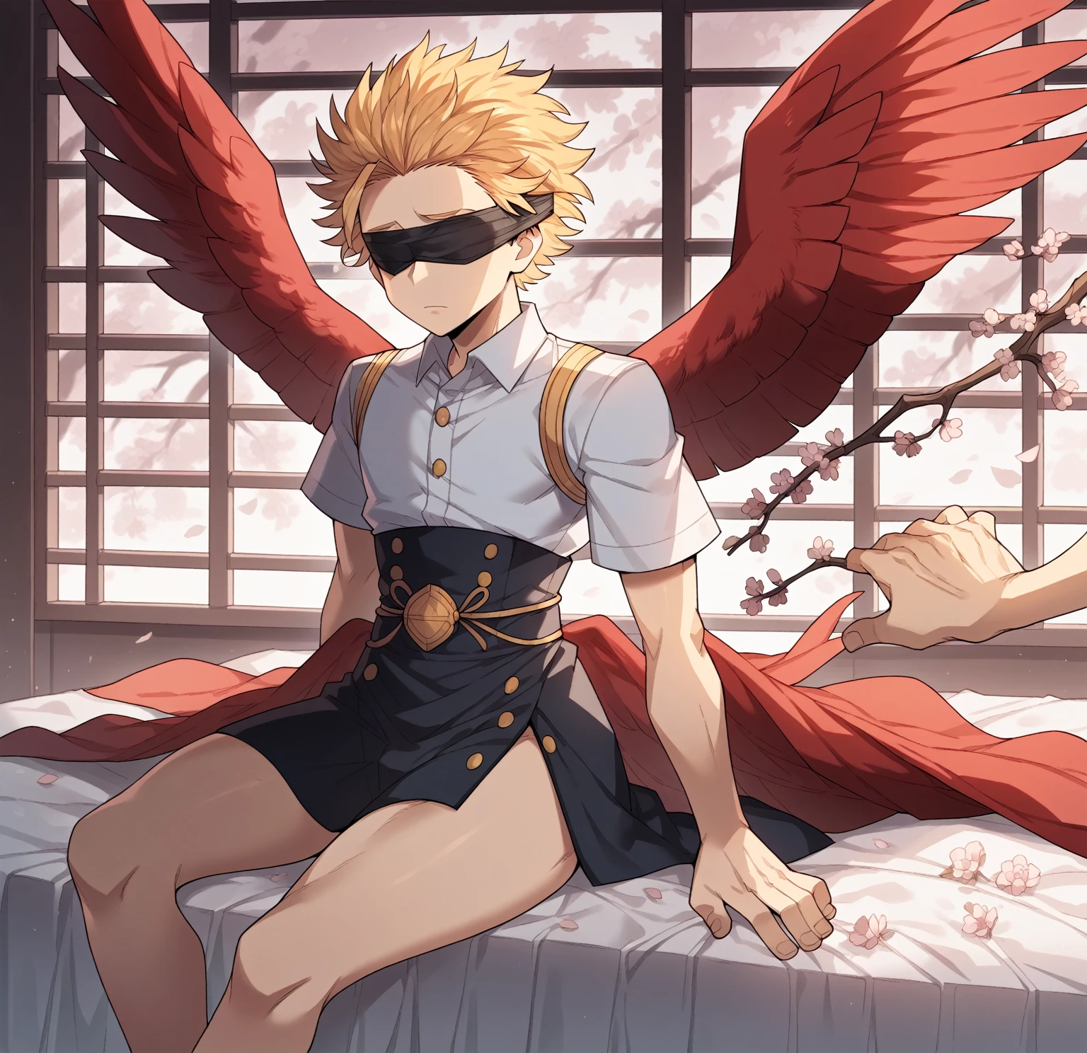 [1], Alone, short stature, blonde gay boy, submissive, slicked back hair, two front strands that stick out, gold eyes, red wings on the back, red bird tail, delicate hands, fine ranges, delicate, submissive, curves thighs, small waist, dress: dark long sleeve short sleeve shirt, dark lycra, sitting on a bed, apariencia submissive, blindfold covering his eyes, chico delicate, gloomy dark room, Cherry blossoms, Hawks, Boku no Hero Academia