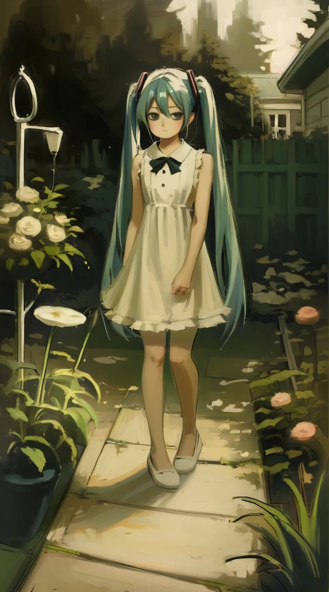 hatsune miku,best quality, aesthetic, by iwzry, by solipsist, 1girl, young girl, at garden, full body