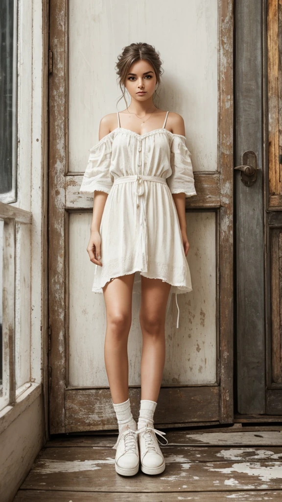 full body, Young stunning woman dreamy aesthetic characterized by a white scheme, white shoes, distressed or weathered elements, organic emphasis, and a rustic, vintage feel --ar 3:4 --style raw --v 6.0