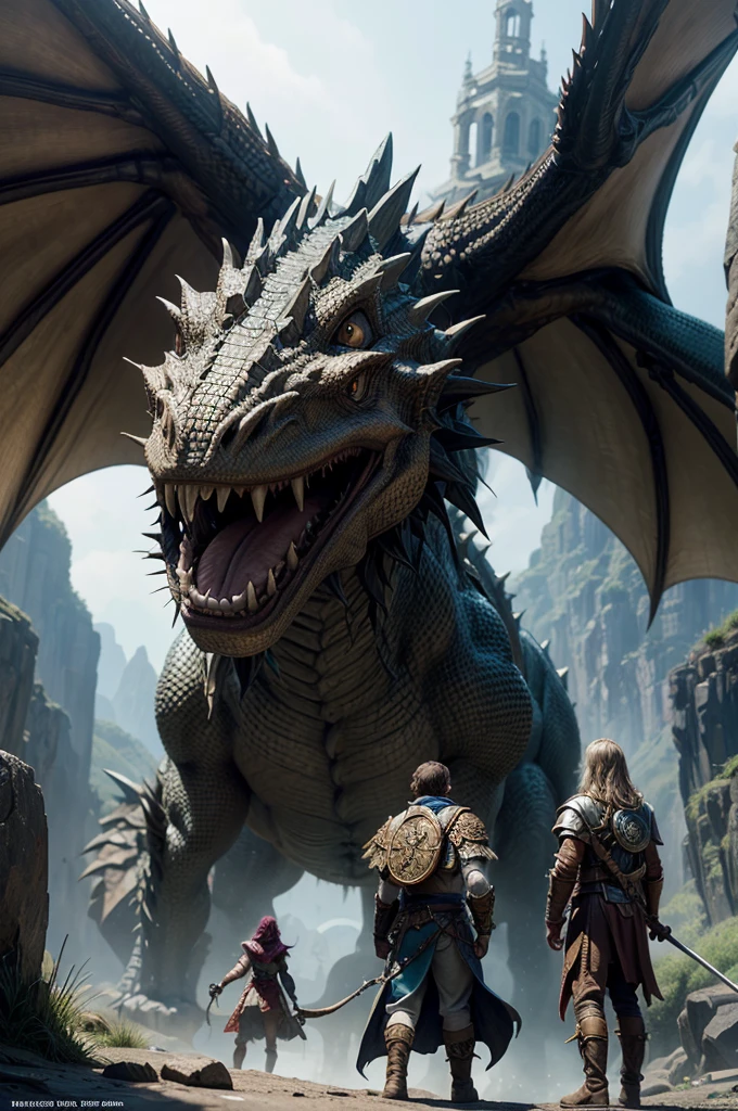 m group of people in front of a giant dragon, epic Art of RPG, dungeons and dragons artwork, Arte de RPG, dungeons and dragons art, arte de fantasy de masmorras e dragões, d & of fantasy art, dungeons and dragons art, fantasy d & arte d, High quality DND illustration, Arte de RPG, hyperrealistic d & of fantasy art, dnof fantasy art