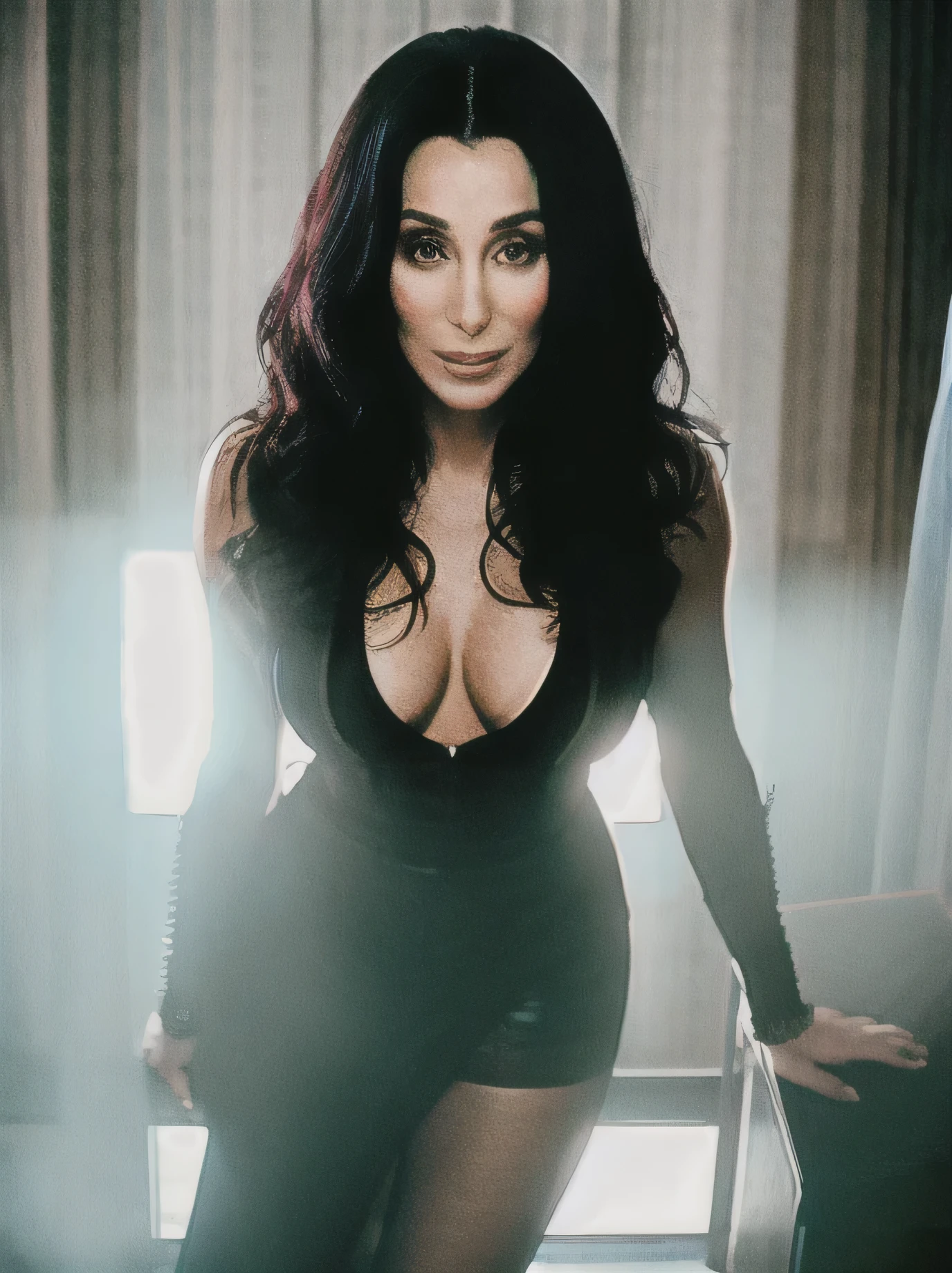  still cinematic film, full body photo of Cher, seducing gaze, dressed in golden armor ,wearing bordaGolden ((detailed facial features)), (darkness room:1.2), (cool colours), details Intricate, Shallow depth of field, [volumetric Fog], cinematic lighting, Reflections, 8K resolution 