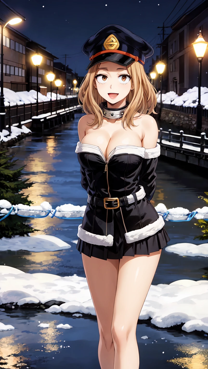 Masterpiece ,best quality , high resolution , (1 girl solo:1.38) , (camie, long hair, brown hair, brown eyes, peaked cap , lipstick , eyeliner , slim , slender) , (cleavage:1.2) , (medium breast:1.28) , (wear x-mas cloth , bare shoulder ,  miniskirt , belt , bell ,  head tilt ) , (cleavage:1.15) , (big breast:1.1) , (arms behind back) , (face view , look at view , smile , open mouth) , (standing) , (outdoor, river beside , on bridge , japaness bridge , street , snow , night , lamp)