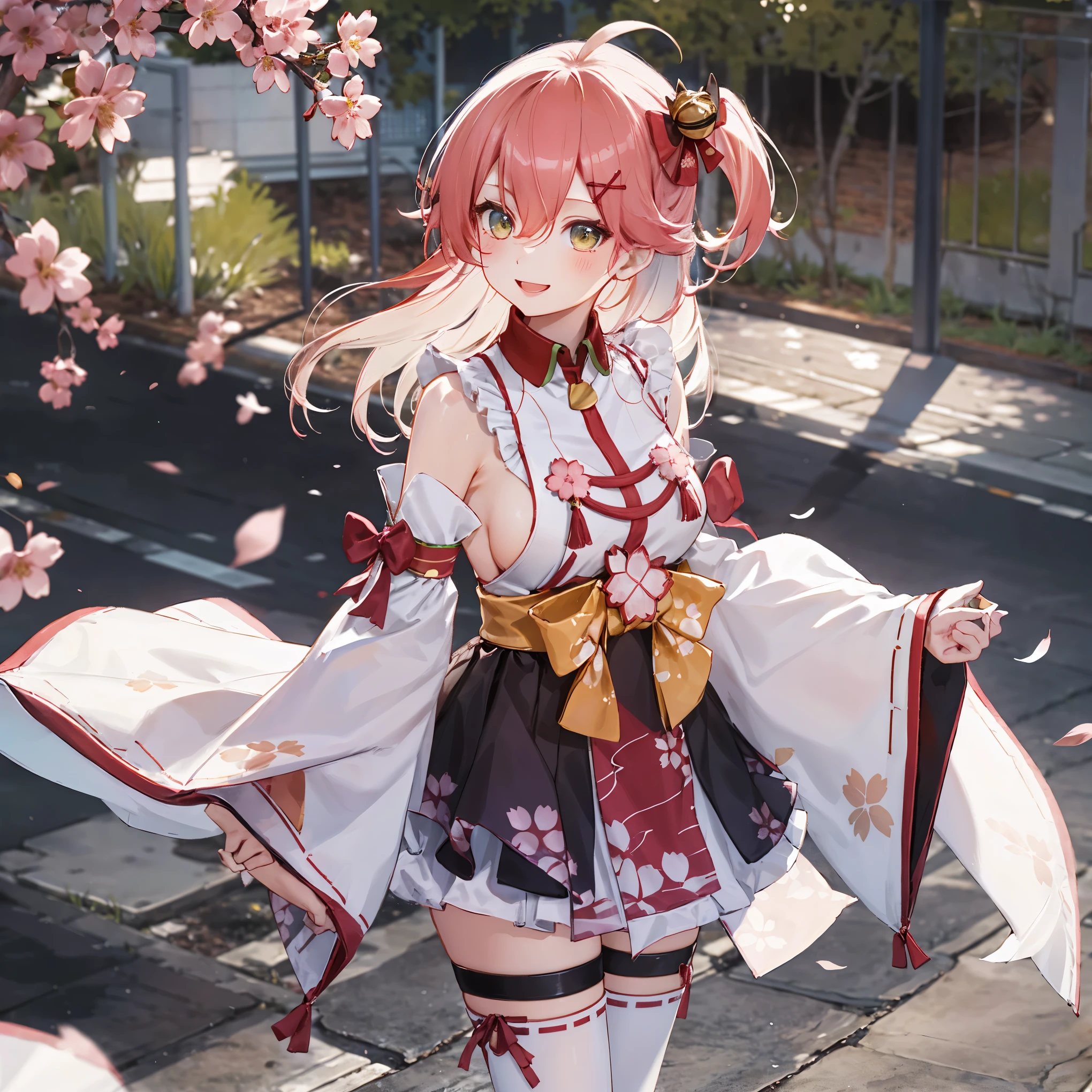 masterpiece, best quality, highres, miko1, sakura_miko, 1girl, big_boobs, solo, ahoge, x_hair_ornament, pink_hair, floral print, hairclip,(side_less_clothes:1.5), (side_boobs:1.5), hair_bell, floral print, long_hair, hair between eyes, one side up, white thighhighs, asymmetrical legwear, wide sleeves, open_mouth,(happy:1.3),gleen_eyes,big_smile,(rise_leg:1.3),plump,apart_legs,(overly_long_sleeves:1.3),),sleeves_past_wrists,hands_hidden_sleeves,sidelock_clothes,dynamic_posing,solo,hidden_wrists,(XD:1.4),covered_nipples,sunlight,cherryblossom_background,