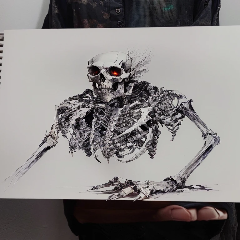 Someone holding a skull painting，Knife in hand, Creepy Explorer Sketch, Horror Concept Art, Skeleton-like creature, Skeleton-like creature, creepy mutant flesh creature, The other is a skeleton, scary creature, cosmic Horror Concept Art, Creepy creatures, Humanoid, zombie in Horror Concept Art, Realistic biological concept, 牙齿弯曲的Humanoid