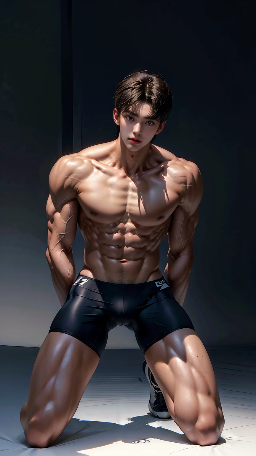 masterpiece,best quality, (An 18-year-old boy with extraordinary development:1.2), Tall and strong,(Tall and fit body:1.2),(Kneeling upright on the campus grass),Look up at the characters,Front view,Stay away from the camera,Black and white tight-fitting cycling suit,(Broad and straight shoulders),Muscular shoulders,(Extremely strong body),Muscular body,Fitness,Perfect body proportions,Inverted triangle figure,Biceps,Highlight muscle texture, Muscular body,Slender and toned legs,Small head,Handsome and cute face,Perfectly detailed facial features,Looking at the camera,A serious and angry expressiotomically correct,leaning back,head tilt, happy, very short hair, brown hair,(looking at viewer:1.2),full body,Vision