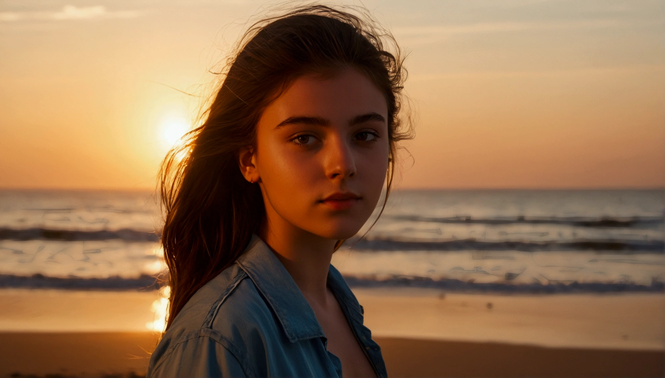 fille brune , 20ans , sun set , beach