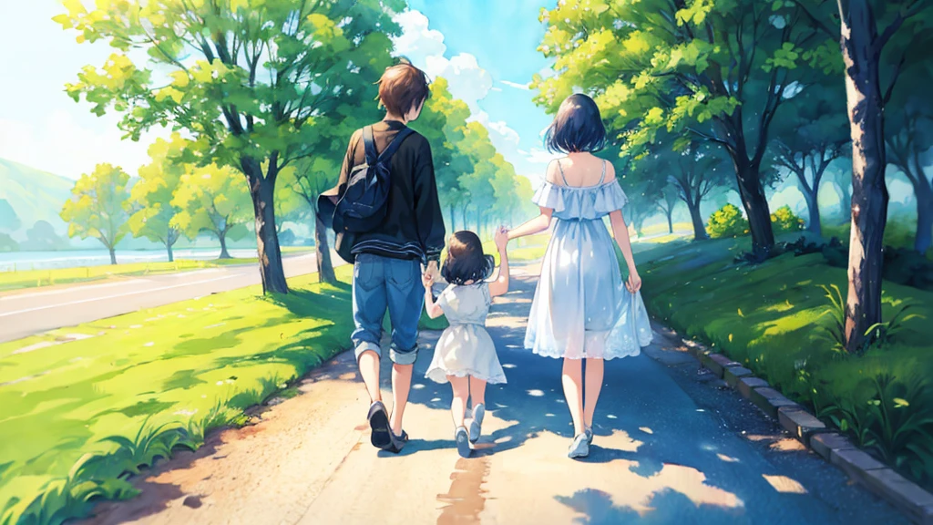the road, concept, conceptual art, beautiful painting of friends, a beautiful artwork illustration, walking together, Summer Day, watercolor, back shot, full body,