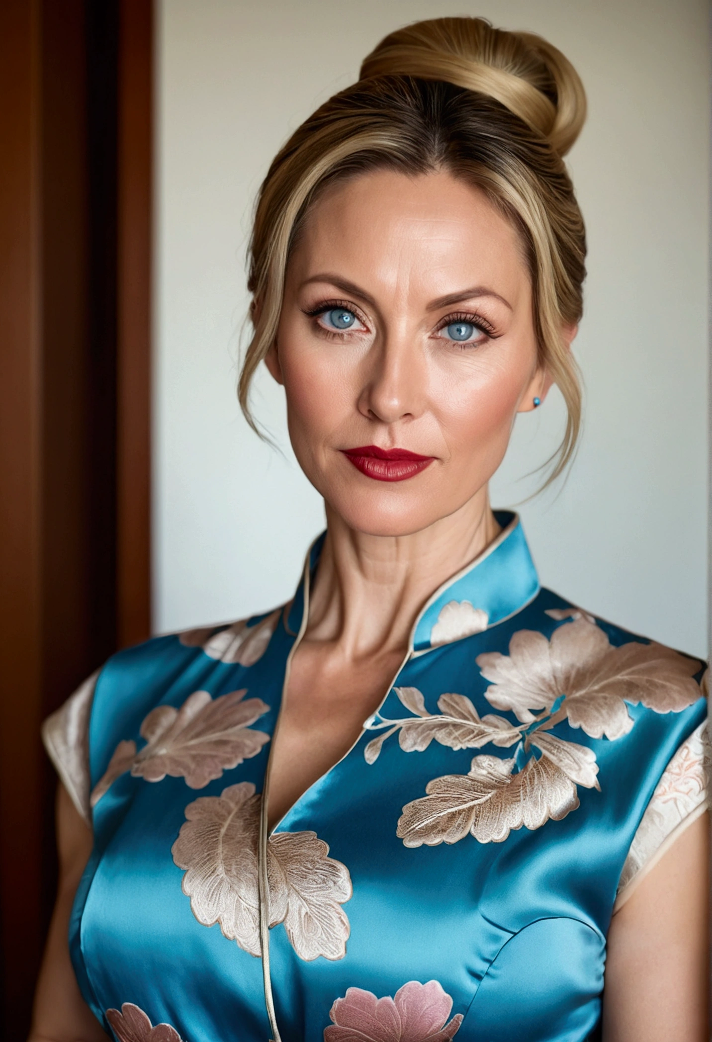 beautiful woman of 45 years old with blue eyes, blond with brown roots, hair in bun with tendrils, looking directly at the camera, very realistic, , closeup face, at home, silk qipao, clothes tight against body, clothes too tight, film grain, fit muscular body, big breasts, clothes too tight, seductive, lipstick, full body shot