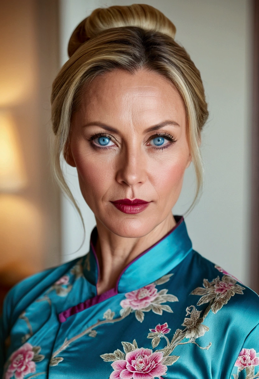 beautiful woman of 45 years old with blue eyes, blond with brown roots, hair in bun with tendrils, looking directly at the camera, very realistic, , closeup face, at home, silk qipao, clothes tight against body, clothes too tight, film grain, fit muscular body, big breasts, clothes too tight, seductive, lipstick, full body shot