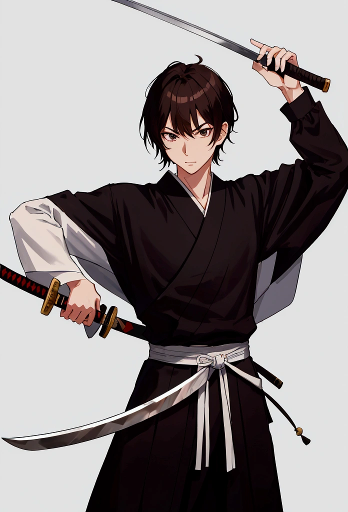 Cartoon Japanese man with Japanese sword in hand, sword lit, dark brown hair. Black dress, white sash, short hair, standing straight, holding a sword, straight face.