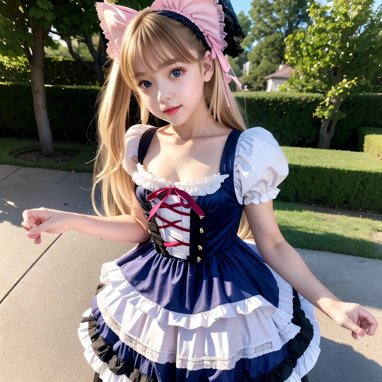 Amazing details, 8k photos, Hyperrealism, Professional Light, Realistic Background, Visual depth, Background blur, Wide-angle lens, whole body, (, cute, change, Flat Chest, Cat ear), One girl, Colored eyes, Blonde, (Lolita fashion: 1.5), (race, Frilled shirt, White petticoat, sneakers), (stuffed toy), pink cute backpack, street, fashion