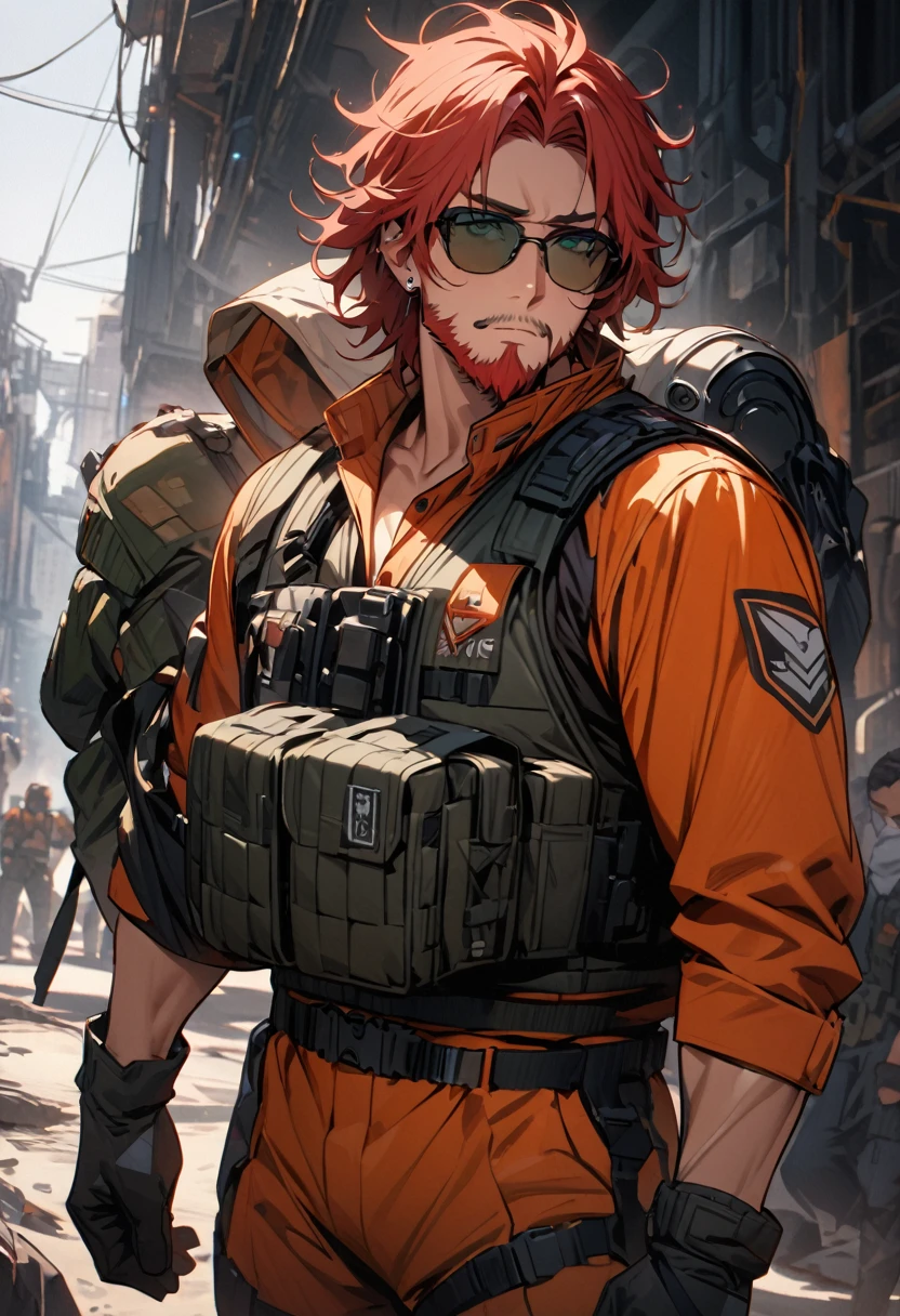 (masterpiece:1.2),(best quality:1.2),(masterpiece, best quality, ultra-high resolution), (Male character), Short, messy hair, thick, well-groomed red-haired beard, piercing green eyes, tanned and sun-tanned skin. He wears a rugged pilot suit in shades of orange and white, with a tactical vest and multiple combat insignia. Pilot's helmet hanging from his arm, thick gloves. 